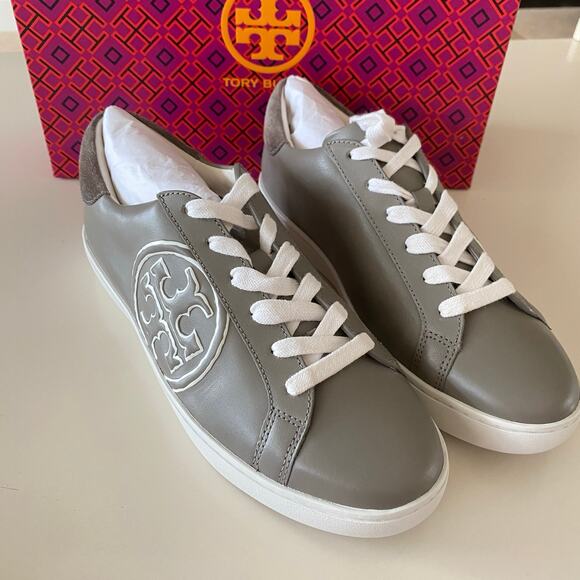 Tory Burch T-Logo Nappa Leather /Nat Suede Sneaker Shoes IN Gray Heron 85093